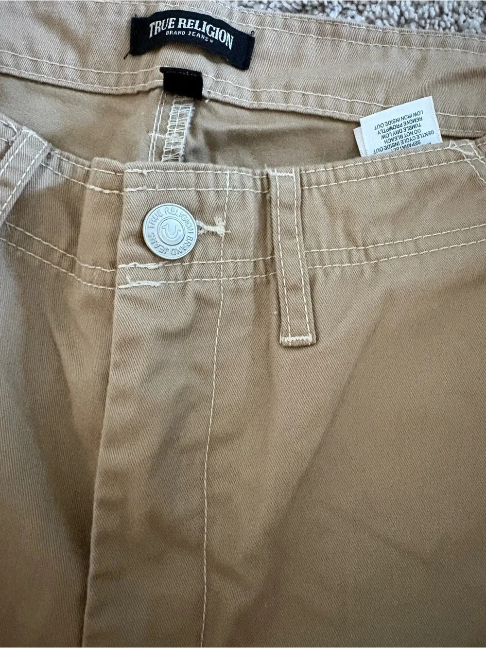 True Religion Men’s Beige Canvas Cargo Pants 34 Regular Straight Flat Front